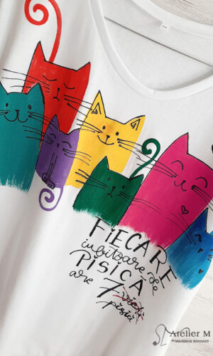 Tricouri pisici multicolore 7 vieti- alb