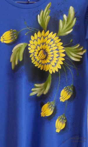 Rochie Paula cu crizantemă galbenă – albastră