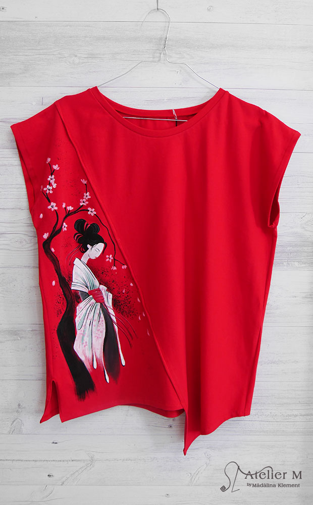 Bluză asimetrică, Gheișă – Sakura – roșu